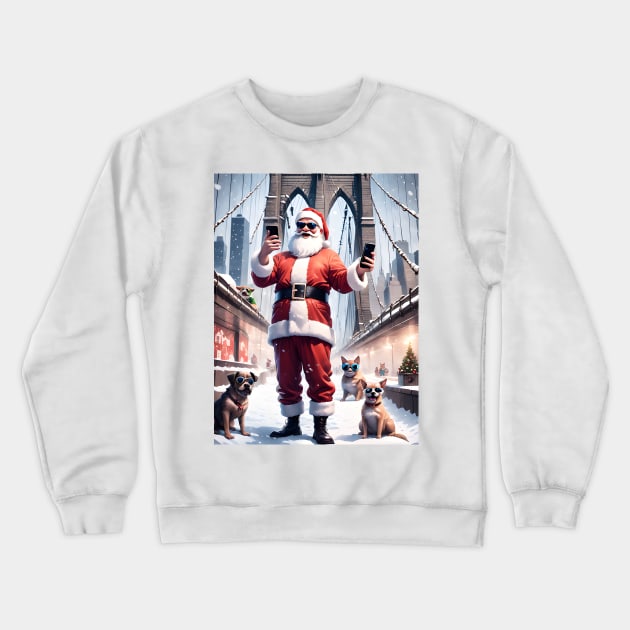 Santa Selfie with Pet on Brooklyn Bridge Crewneck Sweatshirt by AT Digital